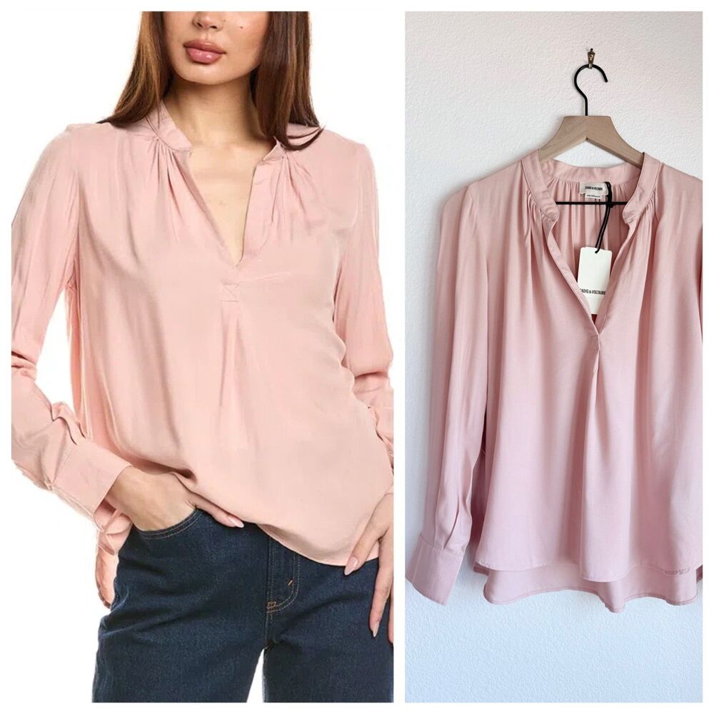 NWT Zadig & Voltaire Tink Long Sleeve Blouse in Poudre Blush Pink Size Small
